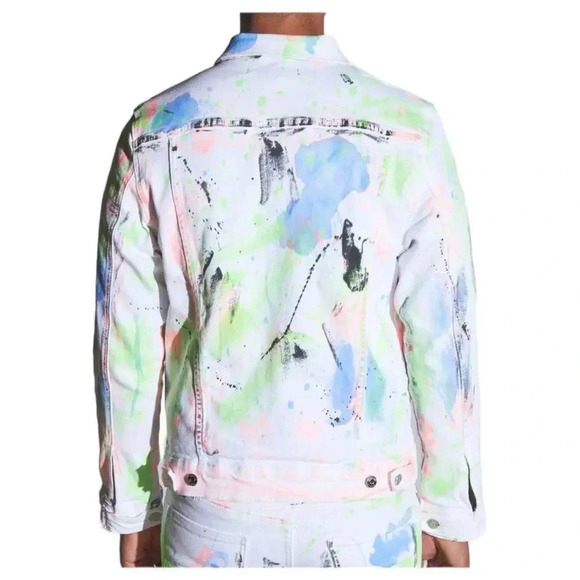 Embellish Kiki White Denim Distressed Paint Splatter Colorful Jacket Size 2XL - Picture 5 of 12